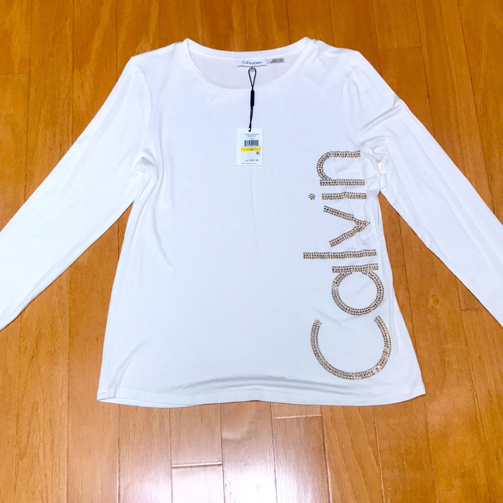 NWT beautiful  soft Calvin Klein long sleeve top with embellished gold studs